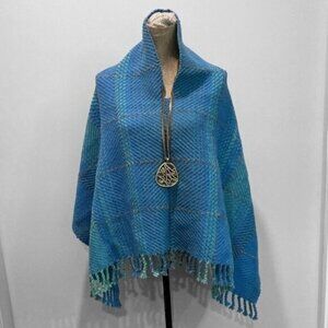 BLUE Wool Knit Poncho One Size